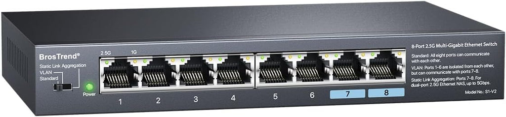 BrosTrend Interruptor 2.5Gb, Interruptor Ethernet de 8 Puertos No Administrado 2.5 Gigabit Soporta Agregación de Enlaces, Estáticos y VLAN, Sin Ventilador, Montaje de Escritorio/Pared, Divisor Multi