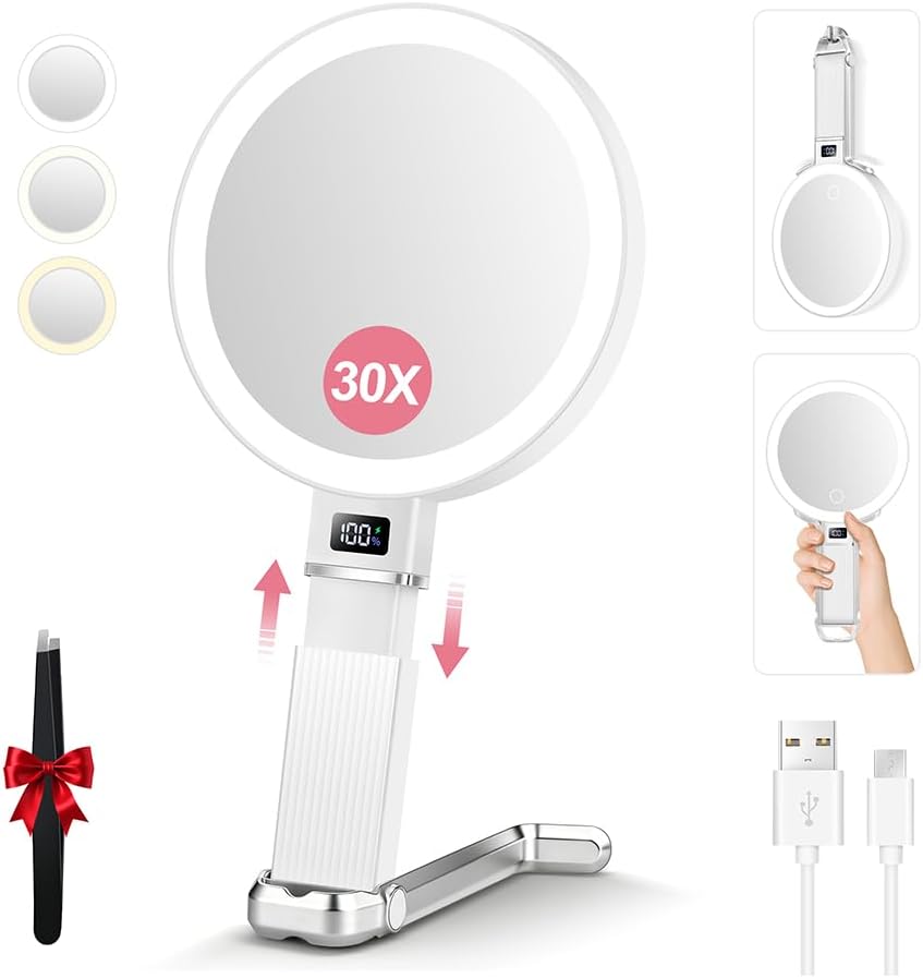Espejo de aumento de viaje 30X con luz, espejo de tocador de altura ajustable con soporte para teléfono, espejo de maquillaje portátil compacto de mano con pantalla inteligente para viajes, uso diario