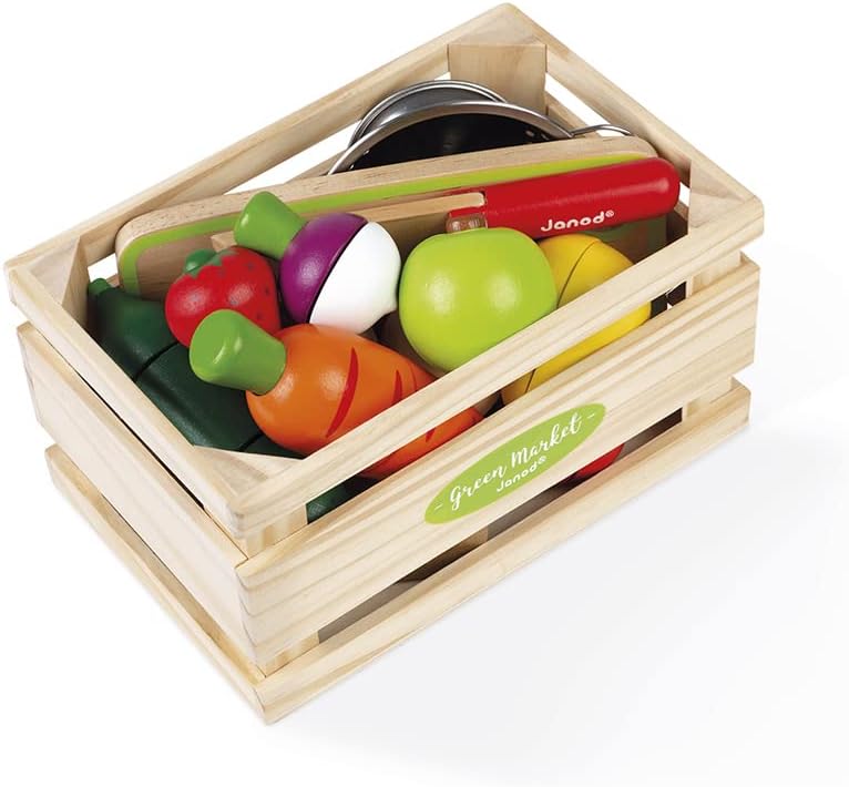 Janod Juego maxi de frutas y verduras - Comida de madera para jugar en rodajas - Juego de 13 piezas - A partir de 3 años - J06607