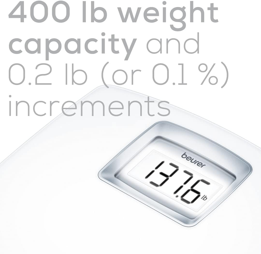 Beurer Báscula digital de baño PS25 para peso corporal, capacidad de 400 libras, calibración automática, pantalla retroiluminada XL, báscula corporal de vidrio, precisa y precisa