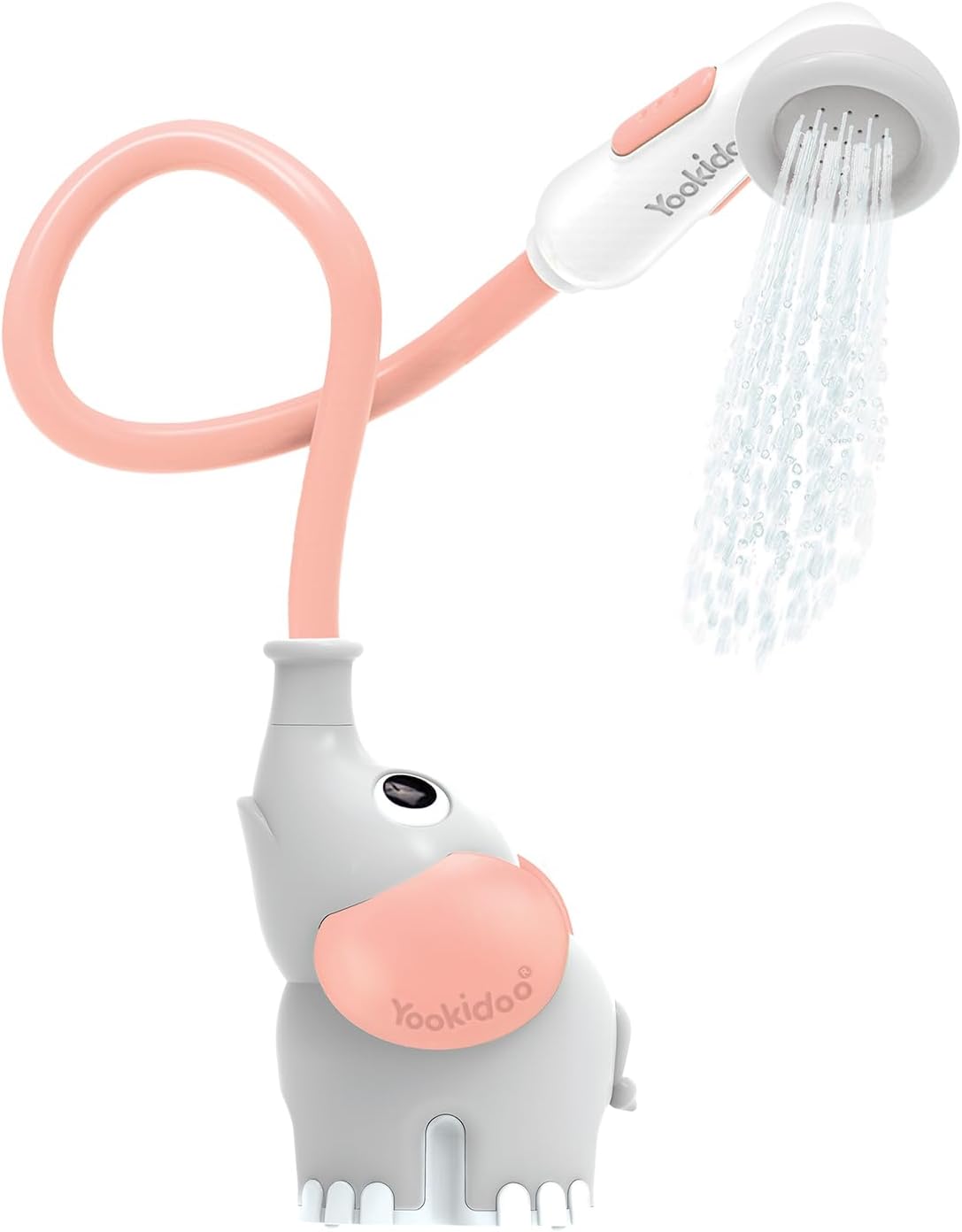 Yookidoo Cabezal de ducha para bebé, bomba de agua de elefante y rociador de boquilla para tronco, control de flujo con una sola mano para bebés recién nacidos en bañera o fregadero (rosa)