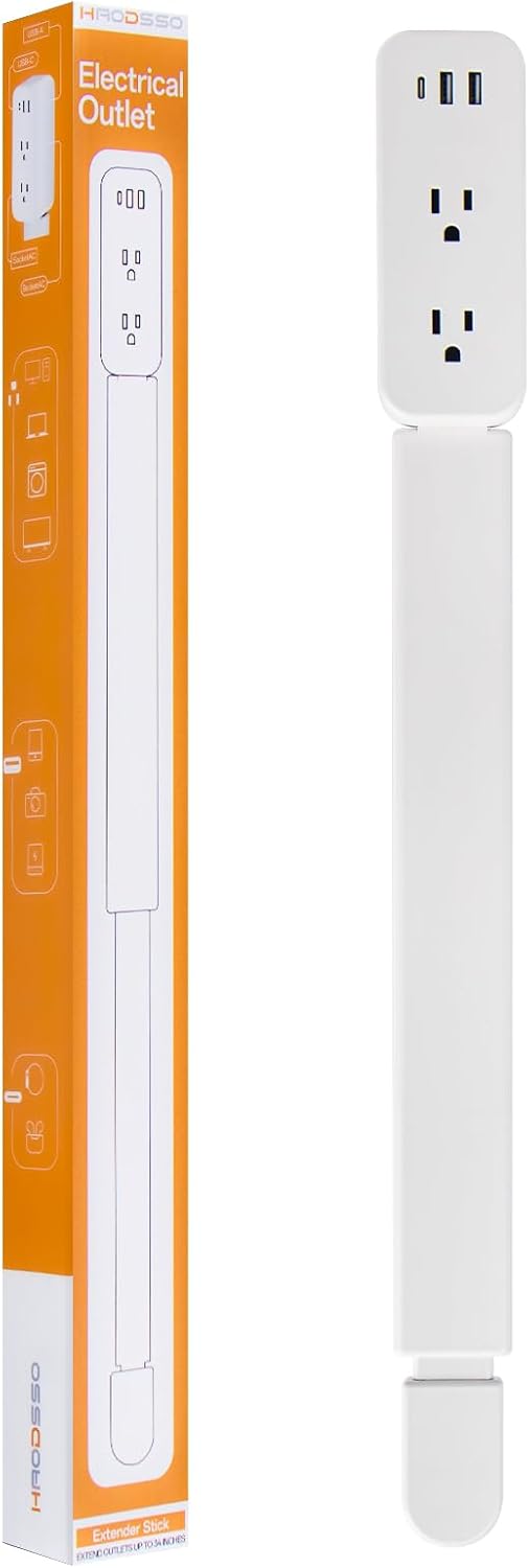 Extensor de Enchufe Eléctrico con Varilla - Cuenta con USB-A, USB-C y 2 Tomas de CA, se Extiende 22"-34", Gira 180° para Acceder a Enchufes de Difícil Acceso, Expansor de Enchufe de Pared para Mesitas