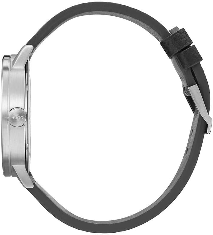HUGO #RASE Reloj de cuarzo para hombre – Esfera negra con caja de acero inoxidable y correa de cuero – Reloj casual y moderno