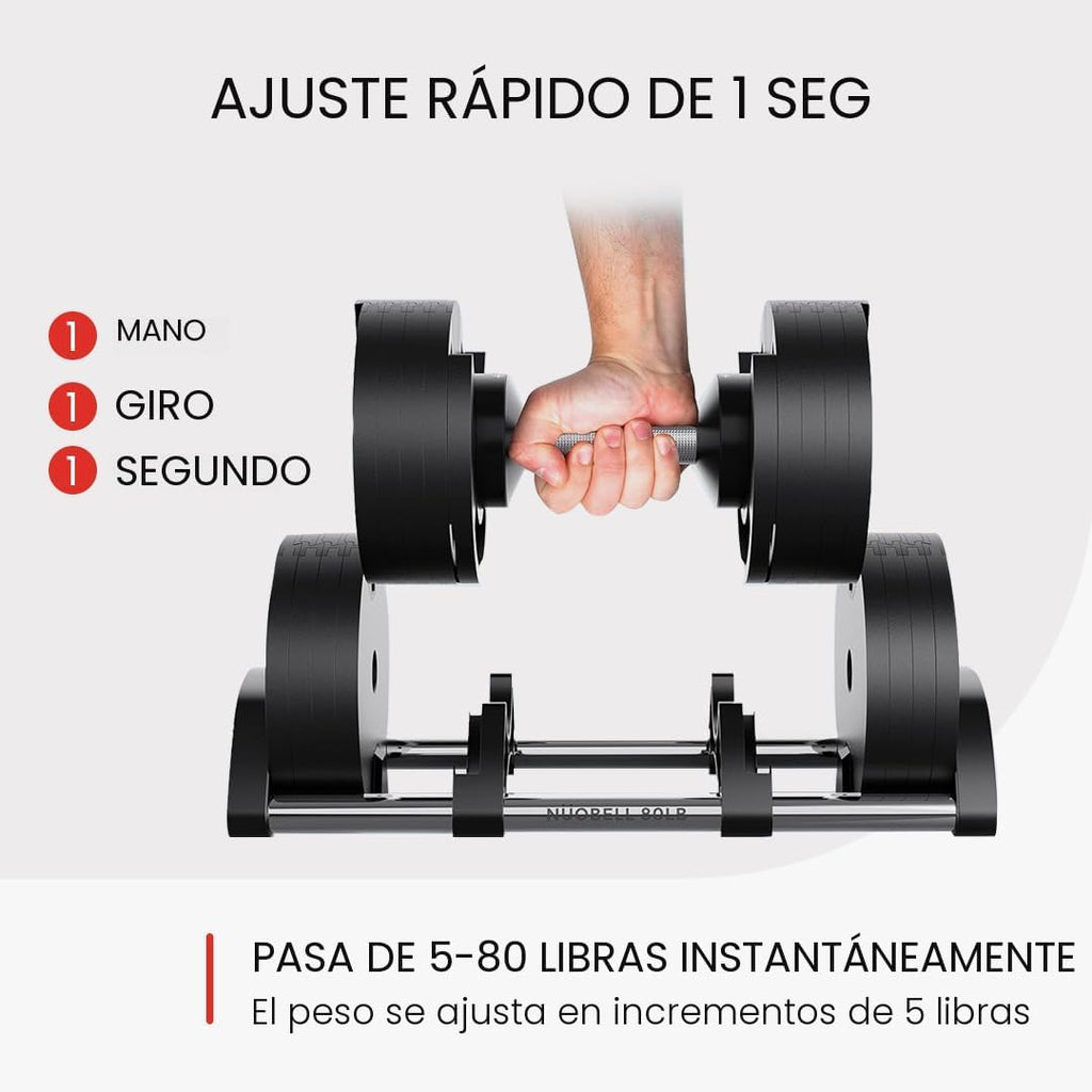 Nuobell - Mancuernas ajustables de 5-80 libras: Reemplazan 16 juegos, ideales para banco de pesas y prensa de gimnasio en casa