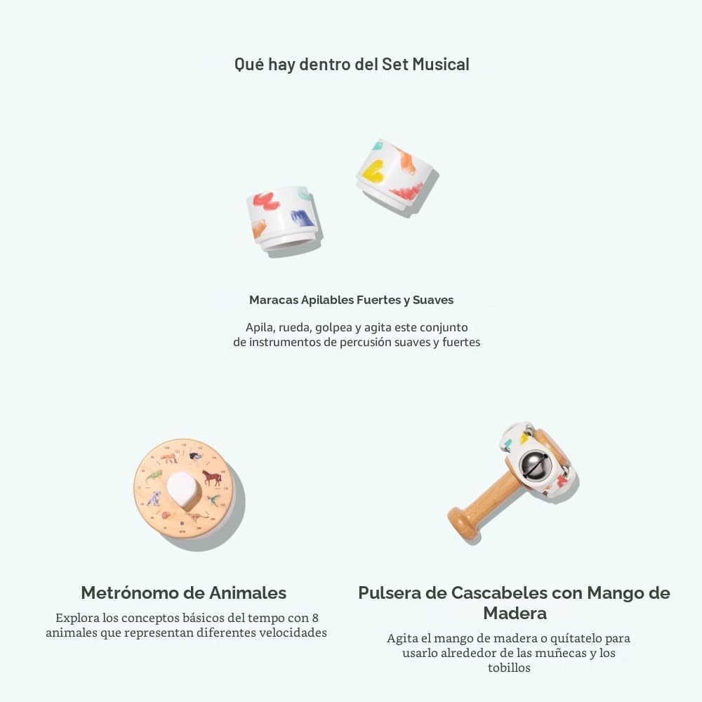LOVEVERY El set de música | 6 instrumentos musicales Montessori y libro de ritmo | Juguetes educativos para niños pequeños y preescolares | Canciones simples y guía de juego | Edades 18 meses a 4+