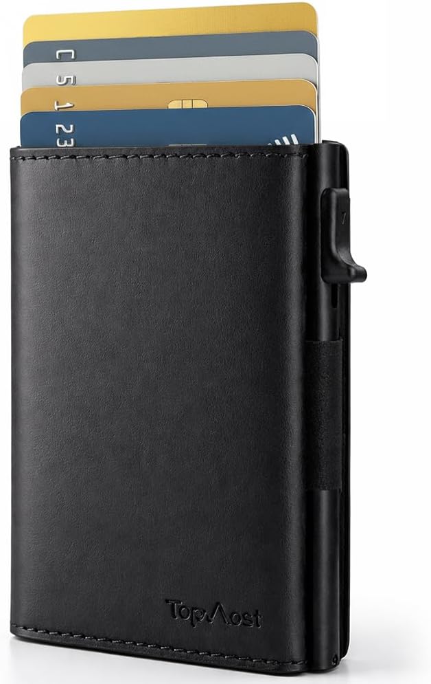 TopMost Billetera desplegable de cuero genuino para hombres, soport...