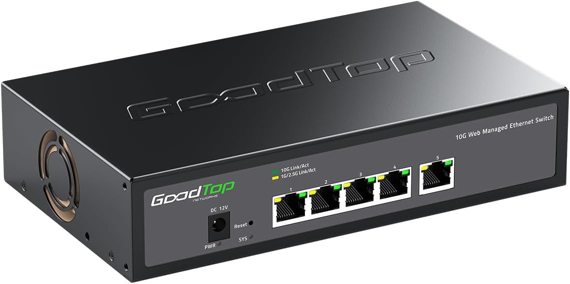 Conmutador de 5 puertos 10G gestionado por web, alimentado por ventilador Noctua, soporte VLAN/QoS/LAG