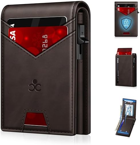 Billetera para hombre con bloqueo RFID minimalista para 12-14 tarjetas | Cartera inteligente delgada y plegable con ventana para identificación y ranura para efectivo, bolsillo frontal, estuche