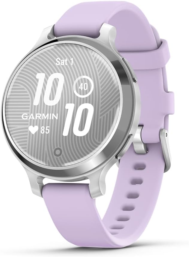 Garmin Lily® 2 Active, Reloj inteligente pequeño y elegante, GPS integrado, pantalla oculta, lente con patrón, hasta 9 días de duración de la batería, plateado con banda de silicona Purple Jasmine