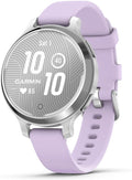 Garmin Lily® 2 Active, Reloj inteligente pequeño y elegante, GPS integrado, pantalla oculta, lente con patrón, hasta 9 días de duración de la batería, plateado con banda de silicona Purple Jasmine