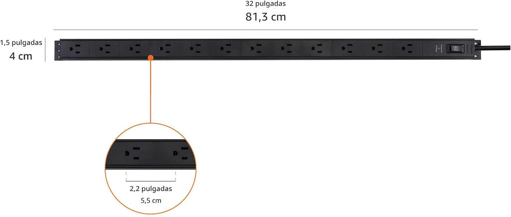 Amazon Basics Regleta protectora de sobretensiones, 12 tomas, resistente, metal, 600 julios, cable de extensión de 6 pies, amplio espaciado, montable, negro