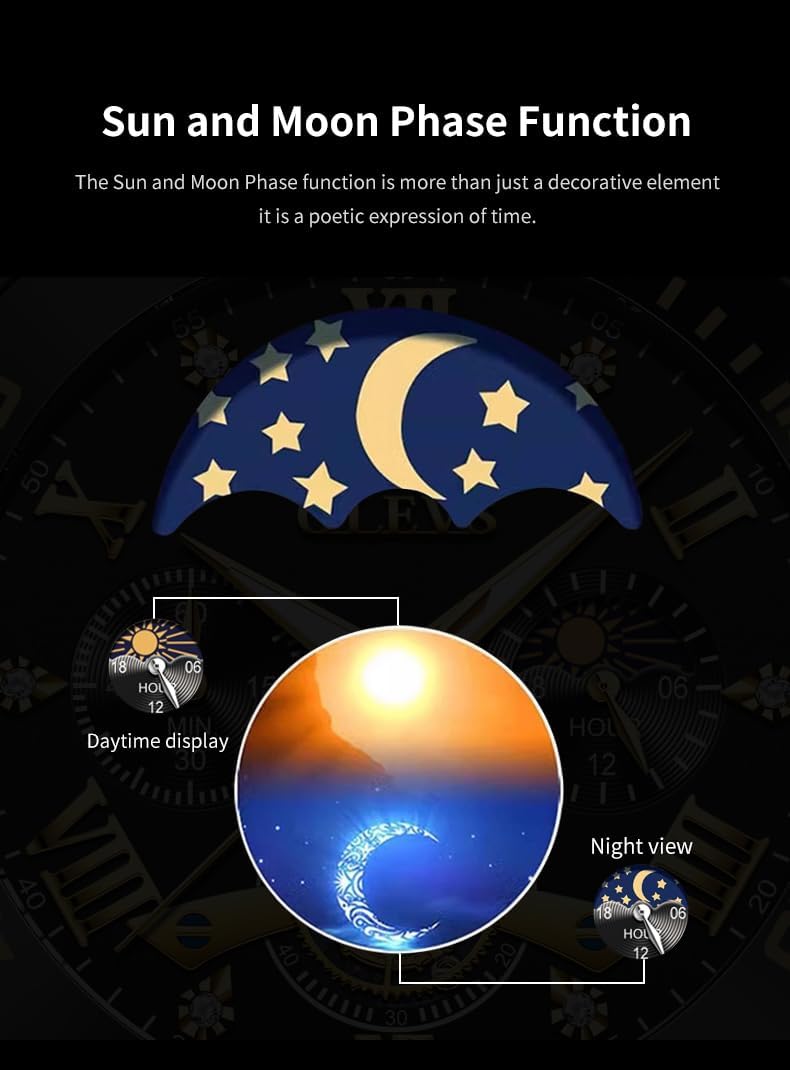 OLEVS Reloj de caballero Cronógrafo de lujo con fases de la luna, dos tonos, acero inoxidable, a prueba de agua, luminiscente, calendario empresarial, reloj de pulsera