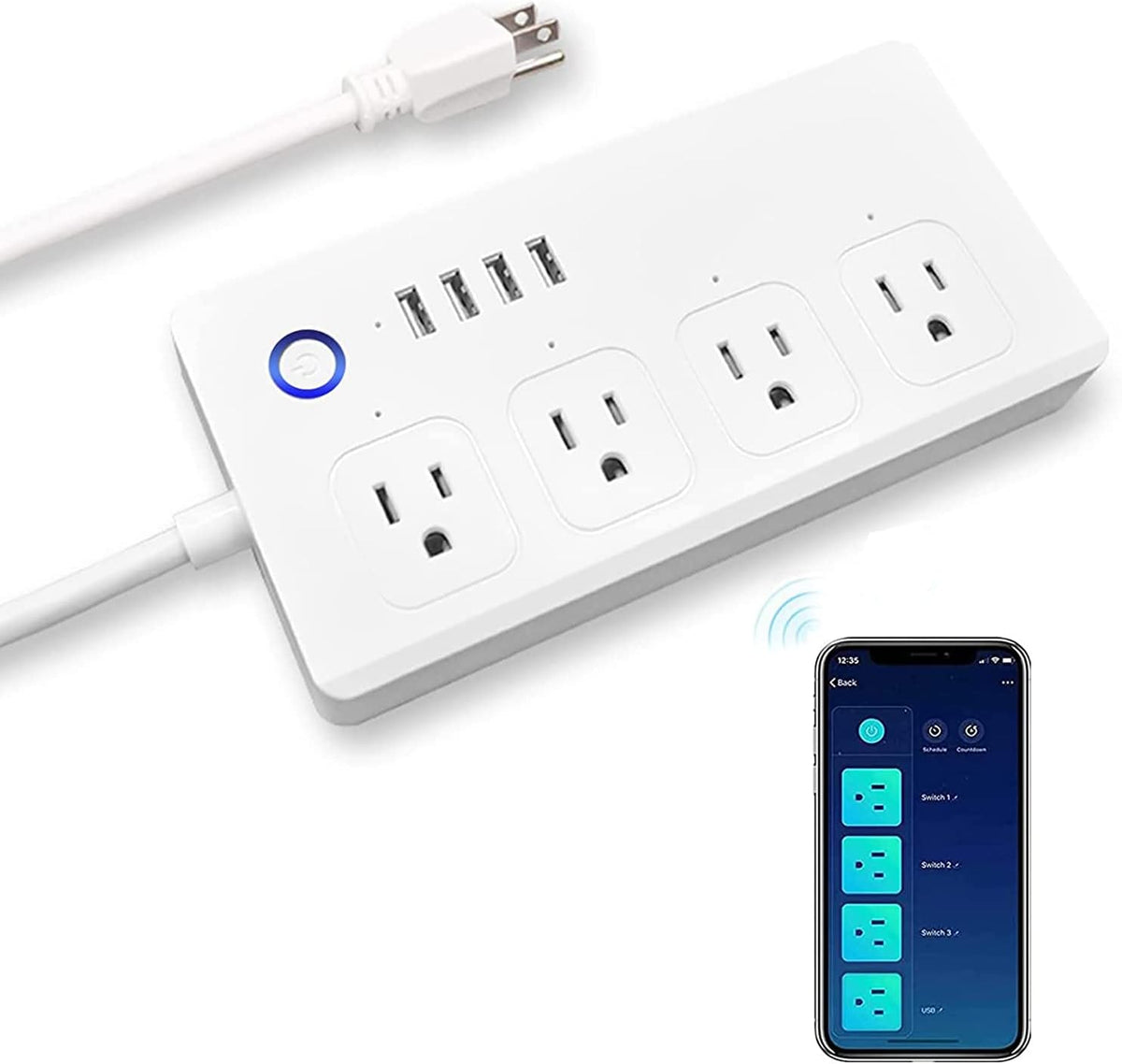 Regleta de alimentación inteligente de 10A, salida WiFi, protector de sobretensiones UseeLink y toma de corriente USB, cable de extensión inteligente compatible con Amazon Alexa y Google Assistant,