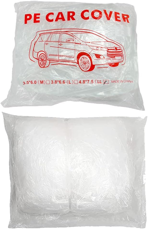 4 paquetes de fundas desechables de plástico transparente para automóvil, cubierta universal de lluvia y polvo para garaje con banda elástica, mediana (15.7 pies x 24.6 pies)