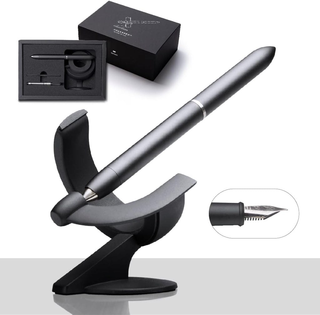 novium Hoverpen Future - Pluma Estilográfica de Lujo, Aguja Schmidt (Punta Fina), Convertidor, Recambio Extra, Estética Futurista, Metal Aeroespacial, Mejor Set de Regalo de Pluma para Hombres y Mujeres (Deep Black)
