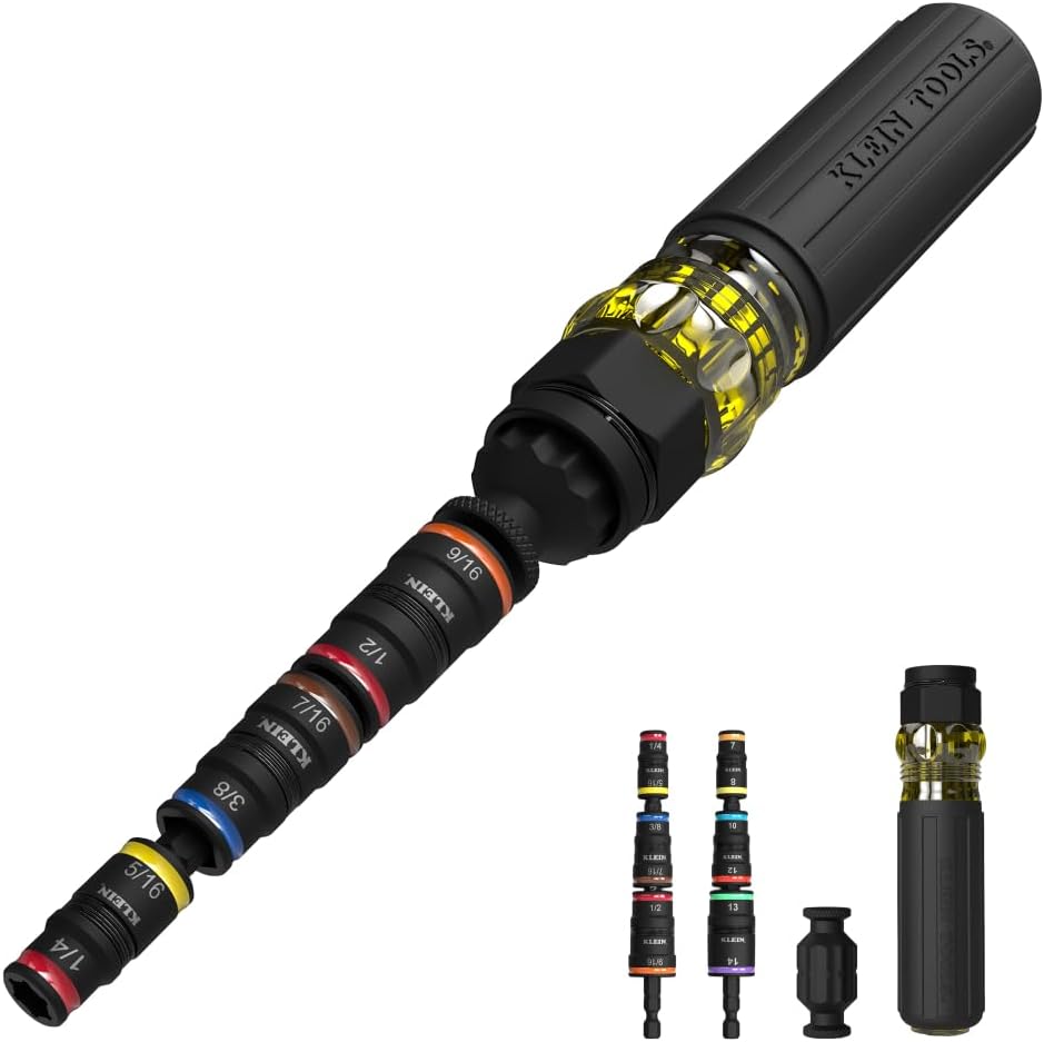 Klein Tools 32914HD Juego de llaves de vaso 14 en 1 con clasificación de impacto, tamaños SAE y métricos, juego de enchufes magnéticos con 12 destornilladores hexagonales y soporte para brocas