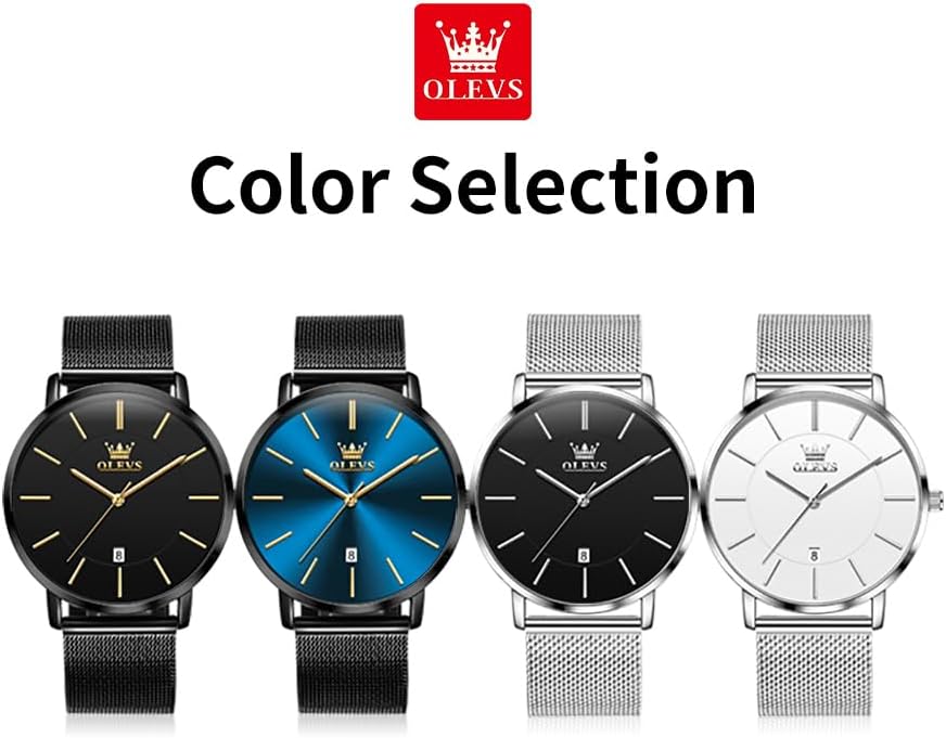 OLEVS Relojes de Hombre de Cuero Negro Ultrafinos 6.5 mm Minimalista Vestir Simple Moda Casual Resistente al Agua con Fecha