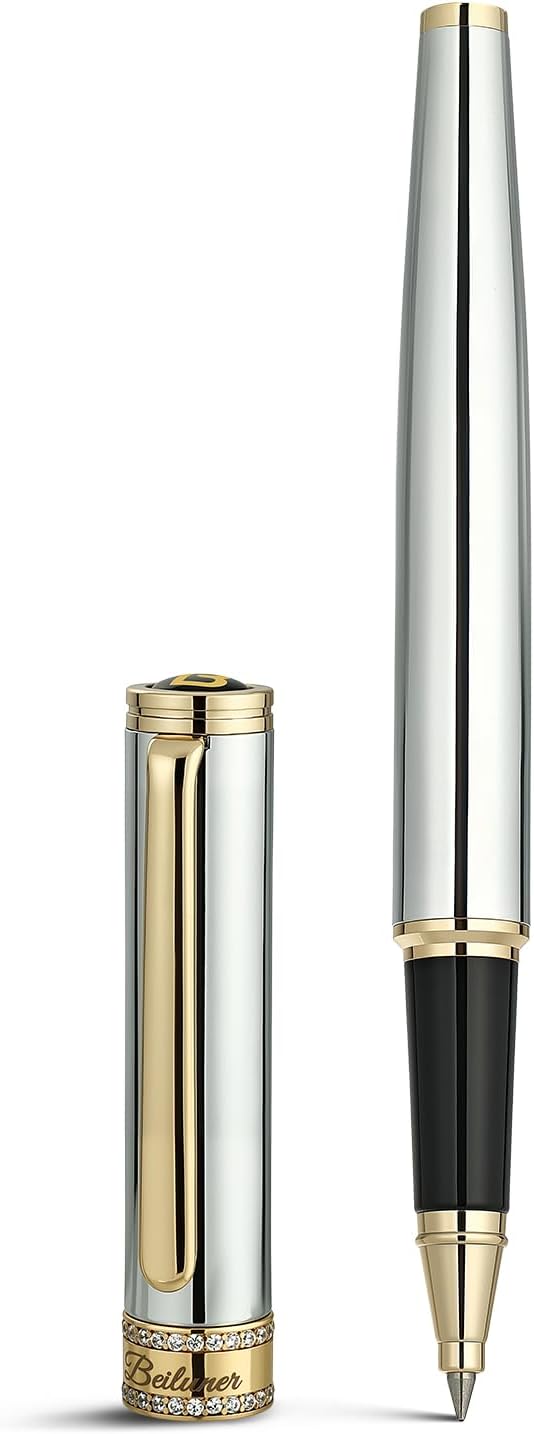 BEILUNER - Bolígrafo de rodillo de cromo plateado, diseño de tapa con diamantes, borde de oro de 24K, noble y elegante, recarga de tinta Schneider, el mejor set de regalo de bolígrafo para mujeres y