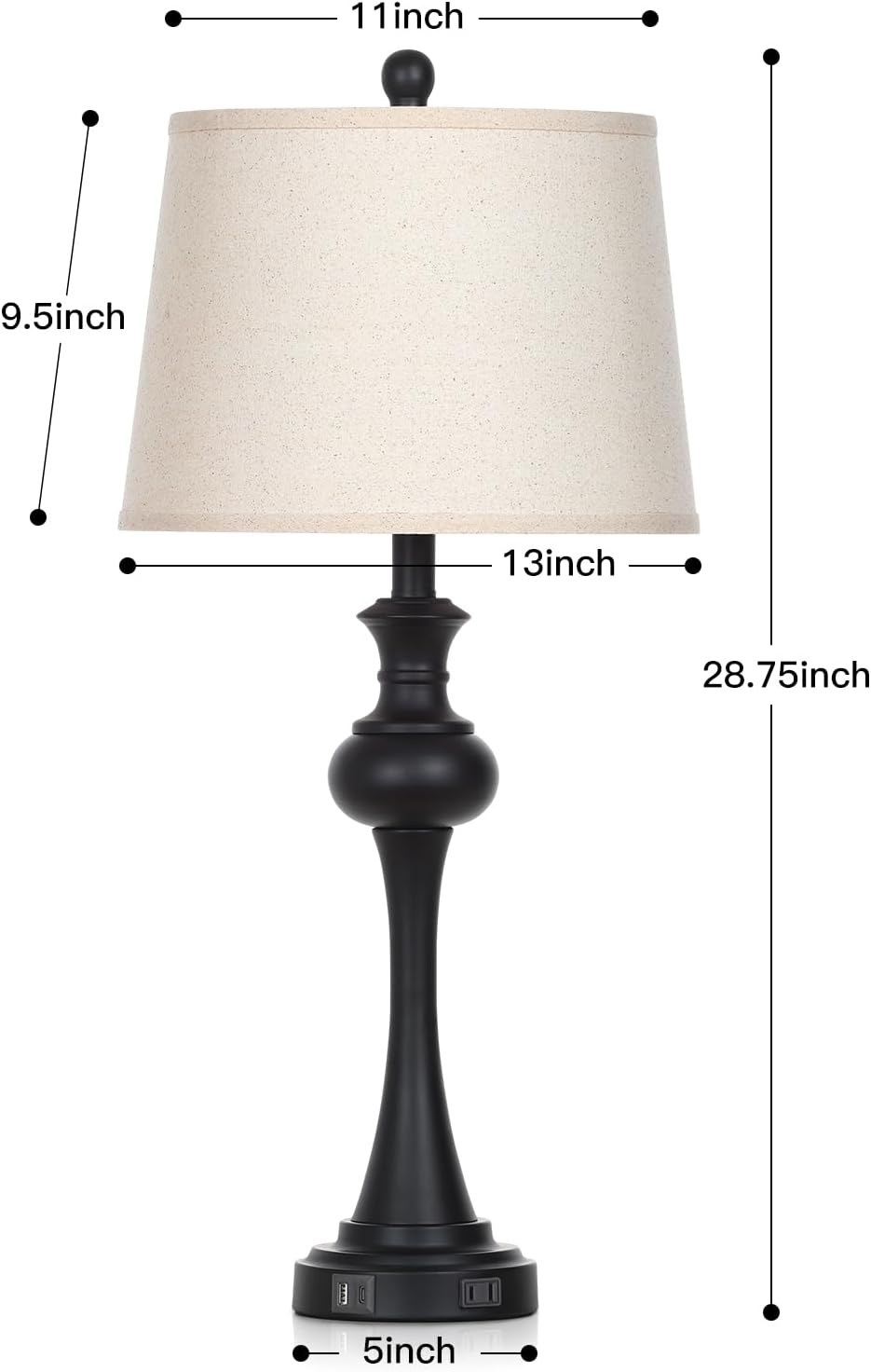 Lámpara Lámparas de mesa modernas negras de 28.75 pulgadas para sala de estar, lámpara de noche con puertos USB A+C y salidas de CA, lámparas táctiles regulables de 3 vías para sala de estar, lámpara de mesita de noche bombilla LED incluida (1 unidad)