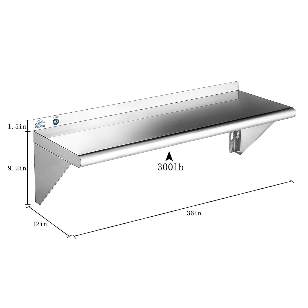 ROCKPOINT Estante de acero inoxidable de 12 x 36 pulgadas, 300 libras, paquete de 2 estantes flotantes de montaje en pared comercial NSF con protector contra salpicaduras para restaurante, cocina