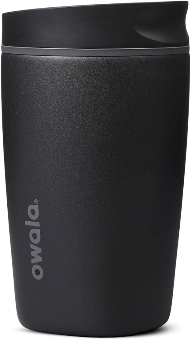 Owala SmoothSip Slider - Vaso de café de acero inoxidable con aislamiento de cerámica, sin sabor metálico, reutilizable, taza de café helado caliente, libre de BPA, 12 onzas, muy, muy oscuro