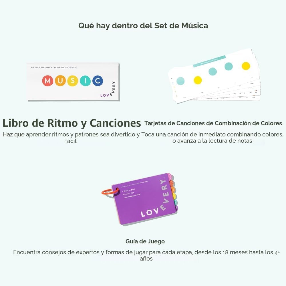 LOVEVERY El set de música | 6 instrumentos musicales Montessori y libro de ritmo | Juguetes educativos para niños pequeños y preescolares | Canciones simples y guía de juego | Edades 18 meses a 4+