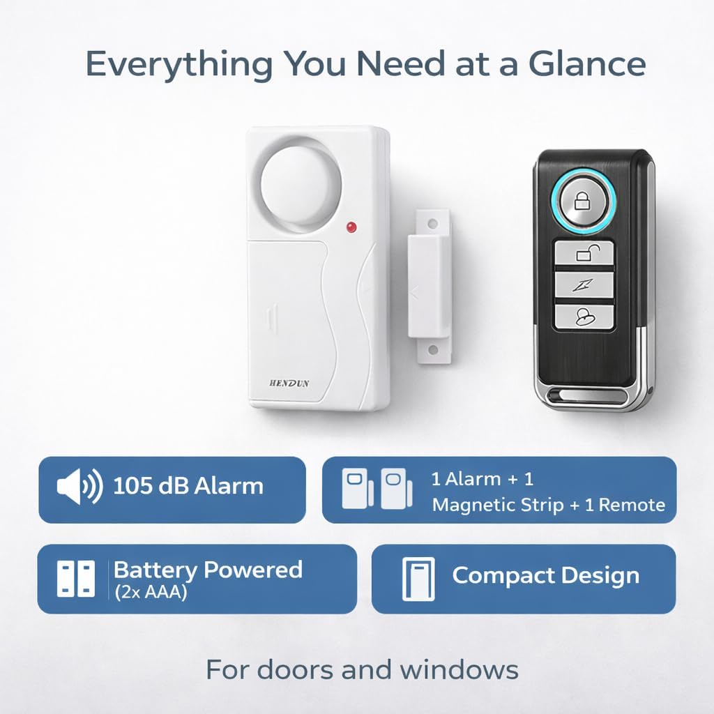 HENDUN Alarmas de Puerta Cuando Se Abren con Control Remoto, Campanas y Timbres de Puerta, Sensor de Seguridad para Puerta (Paquete de 2, Todas las Baterías Incluidas)