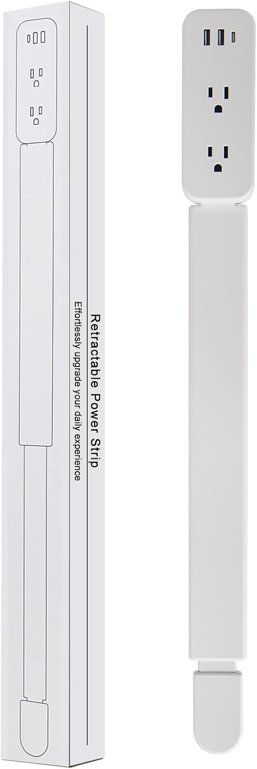 Extensor de tomacorriente: cuenta con USB-A, USB-C y 2 salidas de CA, se extiende de 22 a 34 pulgadas, gira 180° de acceso a tomas de corriente difíciles de alcanzar, enchufes de pared, mesitas de