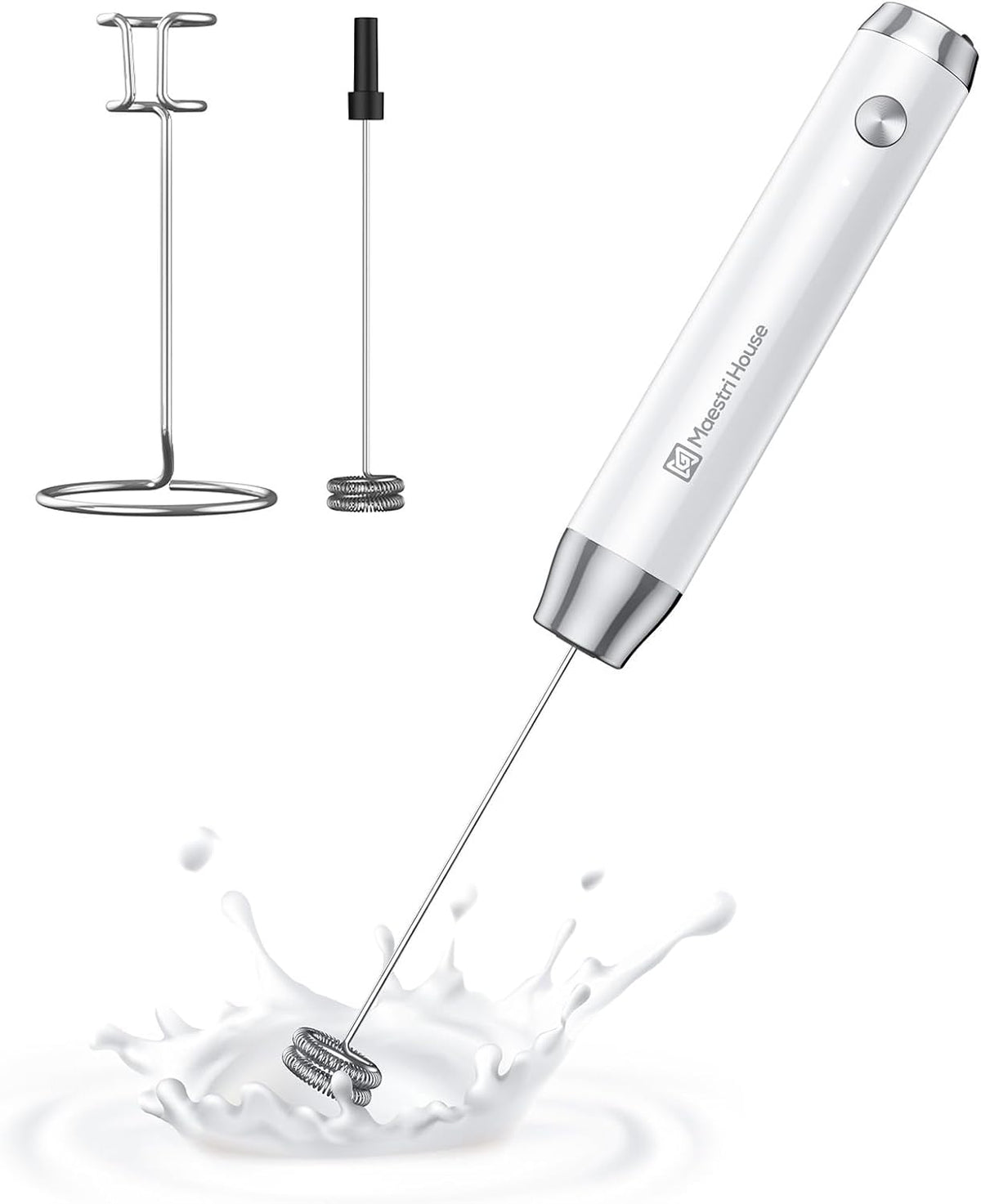 Maestri House LunaFro - Espumador de leche recargable con soporte, máquina de espuma eléctrica de mano, impermeable, desmontable, de acero inoxidable, mezclador de bebidas, espumador para lattes