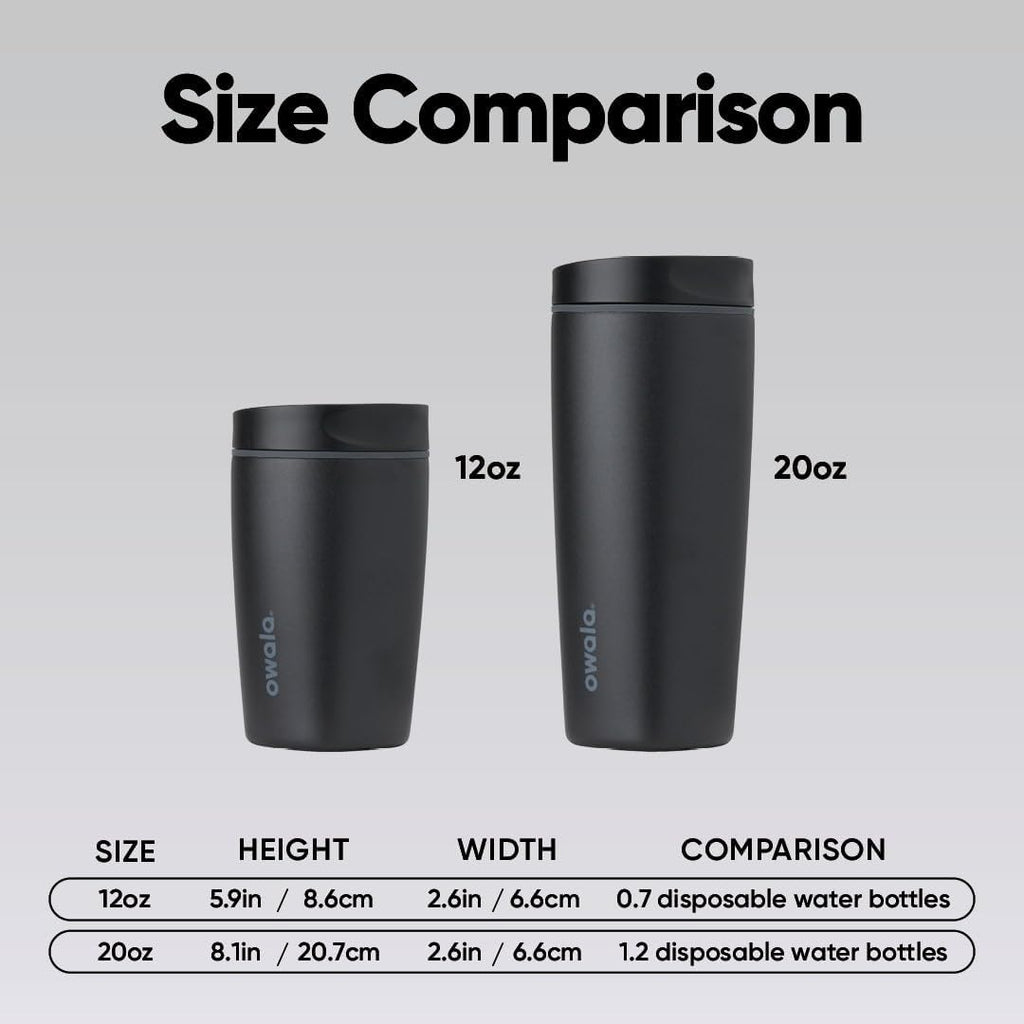 Owala SmoothSip Slider - Vaso de café de acero inoxidable con aislamiento de cerámica, sin sabor metálico, reutilizable, taza de café helado caliente, libre de BPA, 12 onzas, muy, muy oscuro