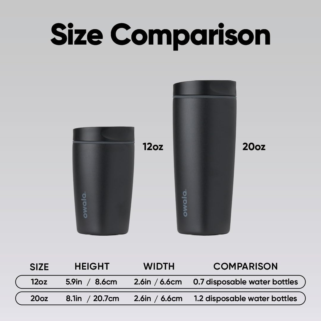 Owala SmoothSip Slider - Vaso de café de acero inoxidable con aislamiento de cerámica, sin sabor metálico, reutilizable, taza de café helado caliente, libre de BPA, 12 onzas, muy, muy oscuro