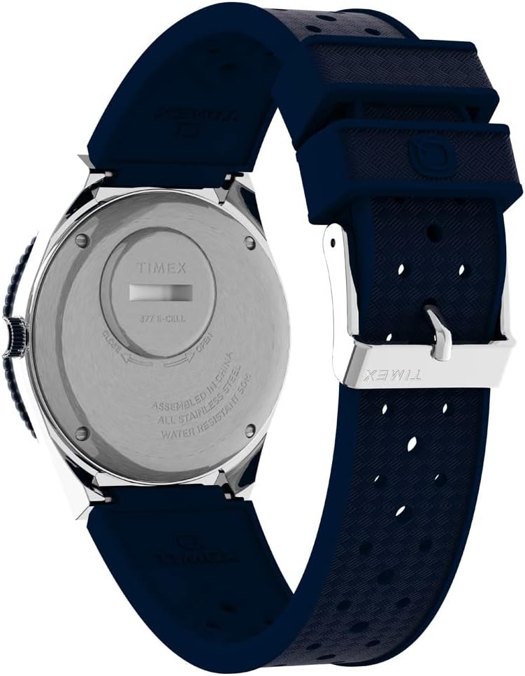 Timex Reloj Q 1.496 in para hombre - esfera azul caja de acero inoxidable correa de goma azul