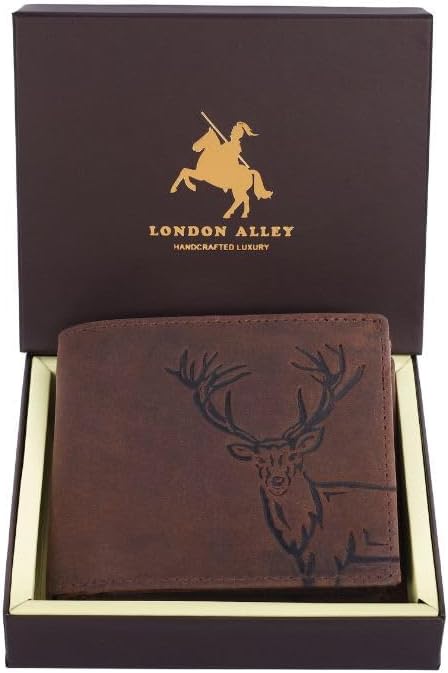 LONDON ALLEY Cartera de cuero marrón vintage de alce para hombre, M...