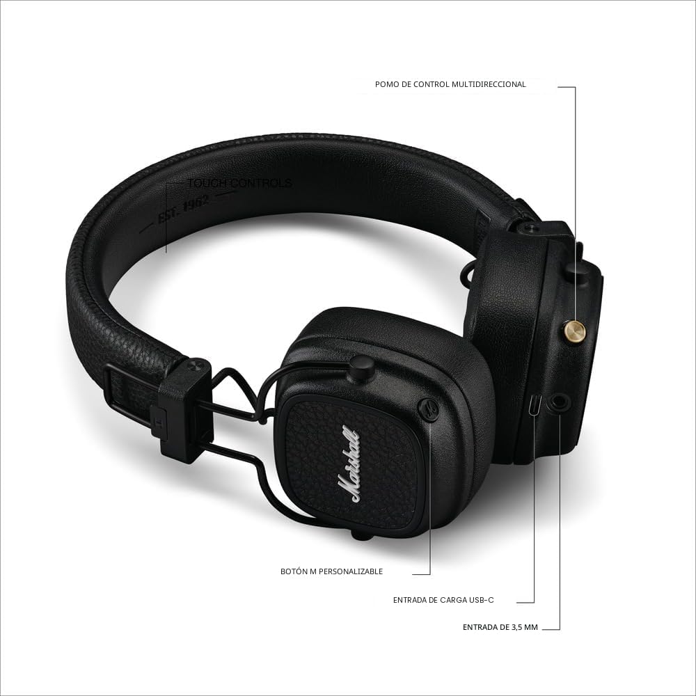 Marshall Major V Auriculares inalámbricos Bluetooth en la oreja - Negro, Tamaño único