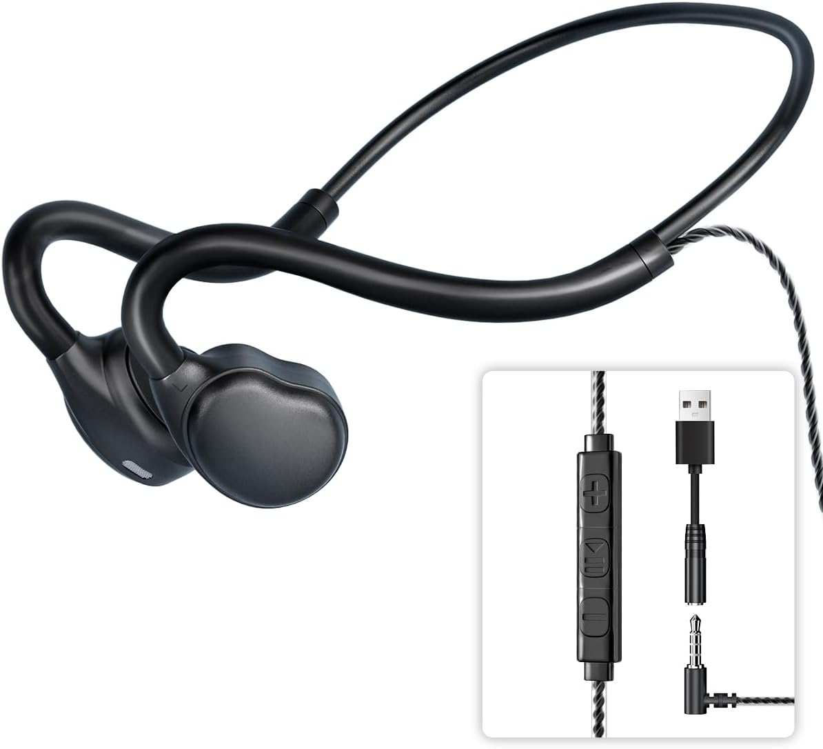Auriculares de oreja abierta de 0.138 in con micrófono, conexión USB de 0.138 in+conexión USB, auriculares con cable de conducción de aire con sonido premium, auriculares USB ultraligeros perfectos para teléfonos, tabletas, altavoces de PC, color negro