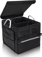 Organizador de maletero pequeño con tapa, para SUV coche camión, negro 28L, tela Oxford impermeable plegable, 2 compartimentos con mango de aleación de aluminio
