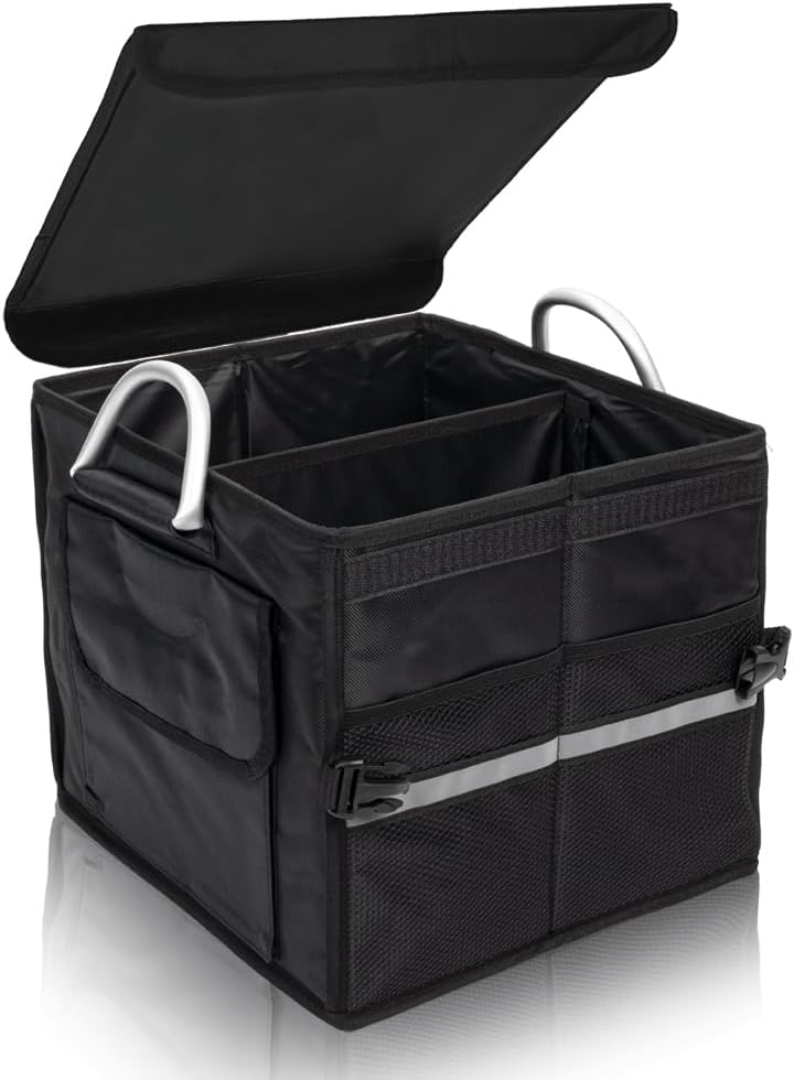 Organizador de maletero pequeño con tapa, para SUV coche camión, negro 28L, tela Oxford impermeable plegable, 2 compartimentos con mango de aleación de aluminio