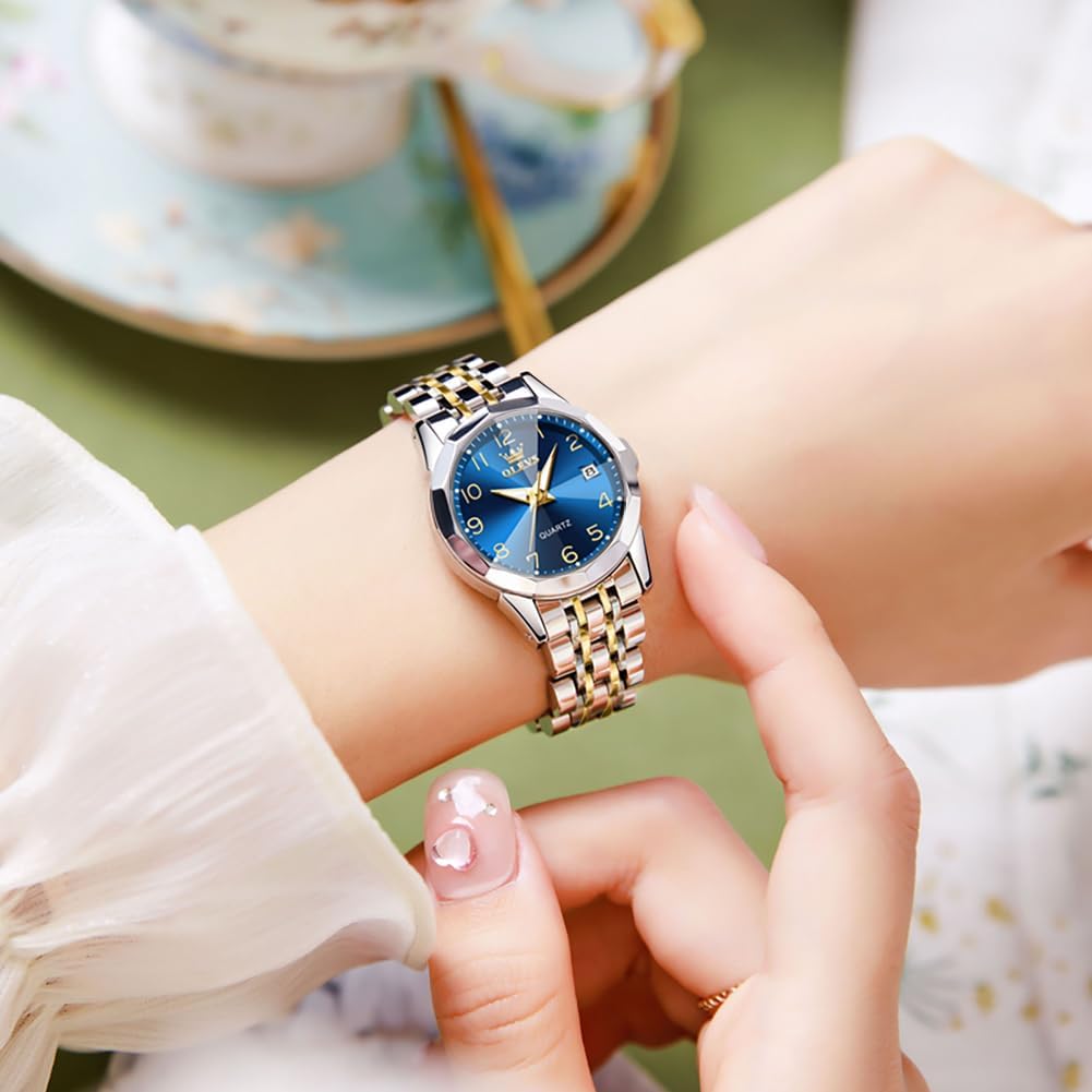 OLEVS Reloj Femenino Clásico de Mujer para Damas Análogo Acero Inoxidable Resistente al Agua Luminosa Día Fecha Dos Tonos de Fácil Lectura en la Muñeca