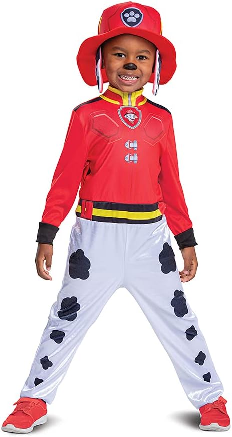 Disguise Disfraz de Patrulla Canina Marshall con sombrero y overol para niños, traje de personaje de película de Paw Patrol con insignia, talla grande (4-6)