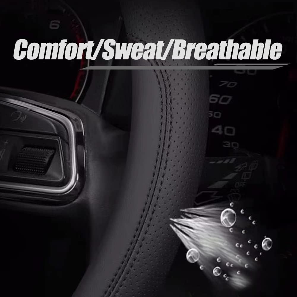 Carodi Última cubierta de cuero de napa para volante de coche, elegante antideslizante cuero interior 15 pulgadas universal (negro)
