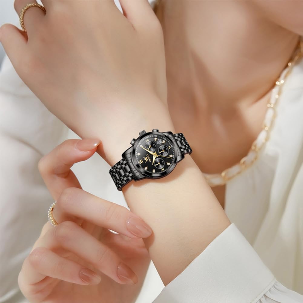 OLEVS Relojes para mujeres de negocios, con diamante, pulsera de acero inoxidable, fecha, impermeable, tono bicolor para mujer