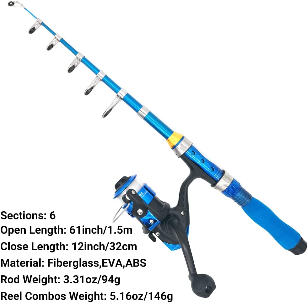 Kilitn Caña de Pescar para Niños, 1.5M 61 Pulgadas 4.92 Pies Caña de Pescar Telescópica Portátil y Combos de Caña y Carrete y Cuerda con Línea de Pesca Kits Completos, Caña de Pescar Juvenil Equipo de