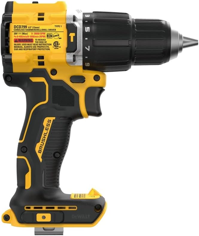 DEWALT DCD799B 20V MAX* ATOMIC COMPACT SERIES Taladro martillo inalámbrico de iones de litio sin escobillas de 1/2 pulgadas (solo herramienta)