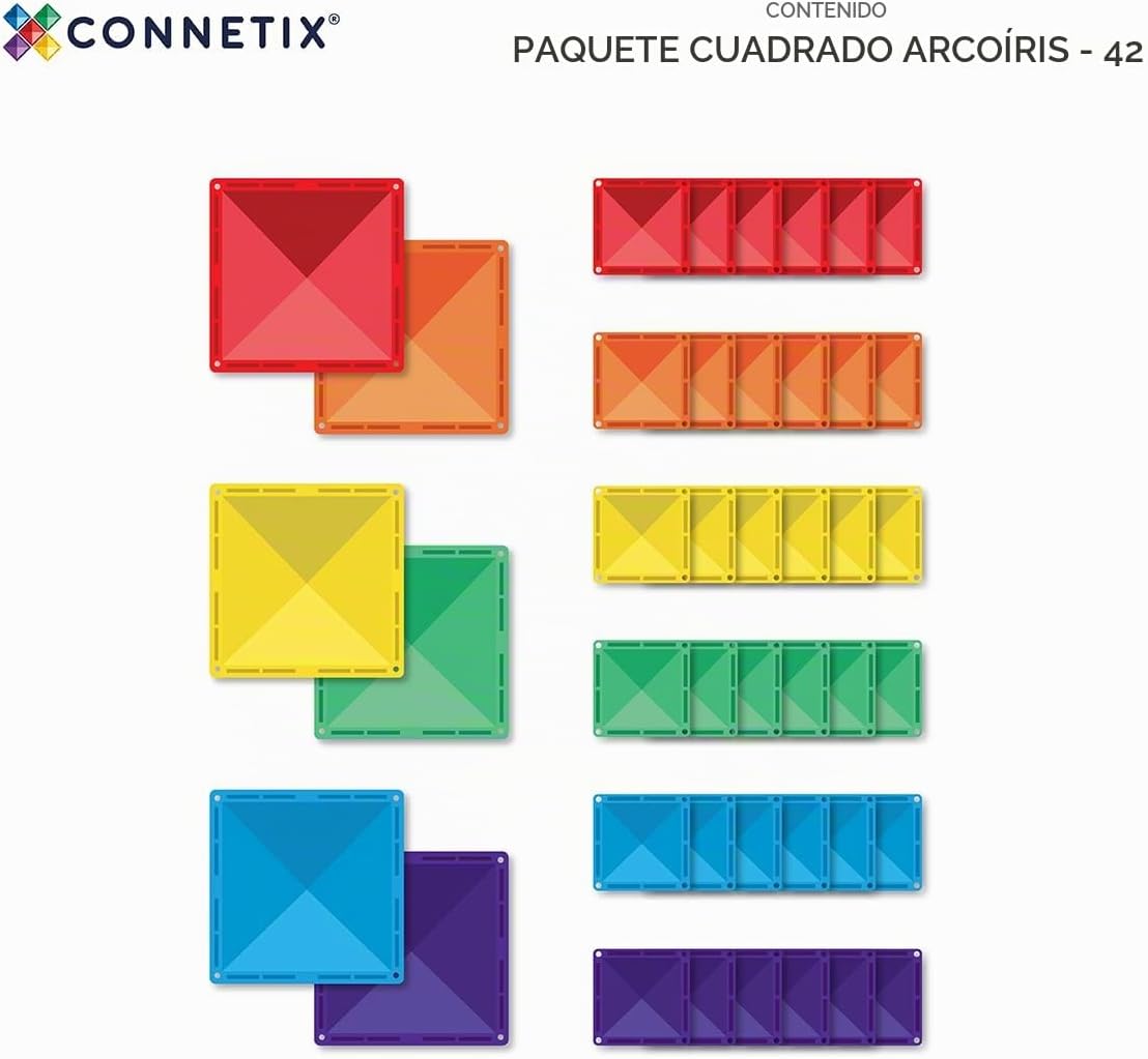 CONNETIX Paquete cuadrado de azulejos magnéticos arcoíris, 42 piezas