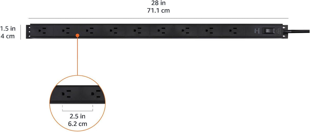 Amazon Basics Regleta protectora de sobretensiones, 9 tomacorrientes, resistente, metal, 600 julios, cable de extensión de 6 pies, montable, amplio espaciado, negro