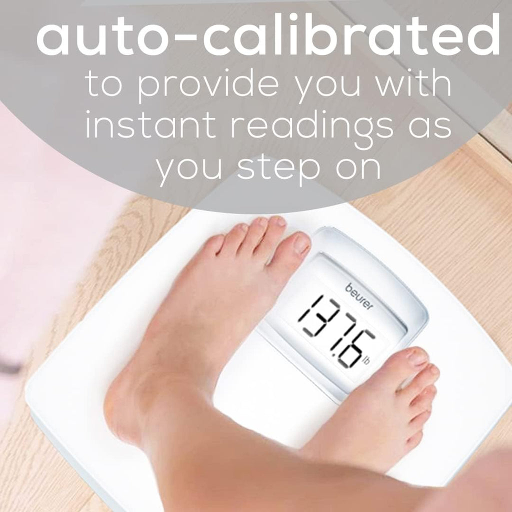 Beurer Báscula digital de baño PS25 para peso corporal, capacidad de 400 libras, calibración automática, pantalla retroiluminada XL, báscula corporal de vidrio, precisa y precisa