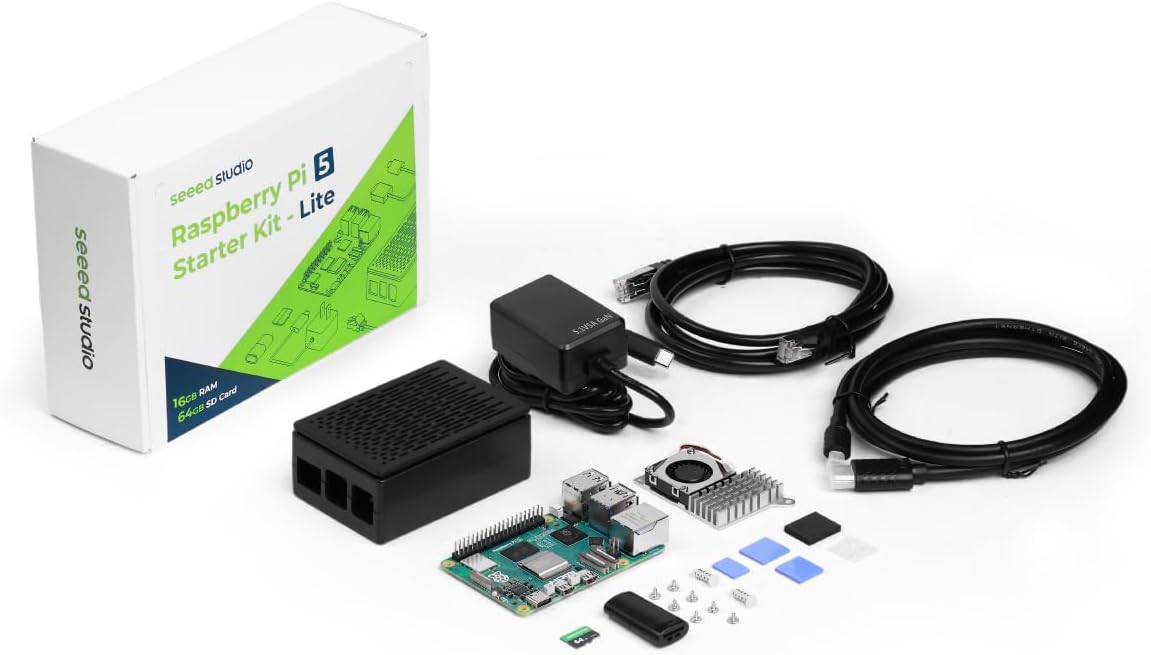 Seeed Studio Raspberry Pi 5 Starter Kit - 16 GB de RAM, tarjeta microSD de 64 GB precargada de 64 bits, fuente de alimentación USB-C, estuche con refrigeración activa para Edge AI, Docker y estación