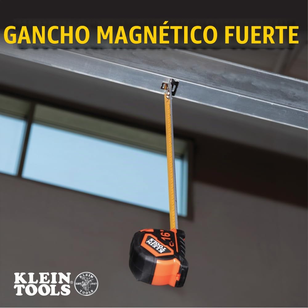 Klein Tools Cinta métrica 9216, cinta métrica resistente con hoja reforzada de nailon de doble cara de doble gancho de 16 pies, con clip de cinturón de metal