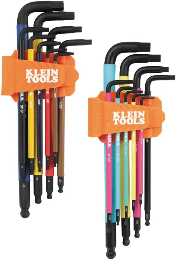 Klein Tools BLS18 Juego de llaves hexagonales, codificadas por color, SAE y métricas, tratadas térmicamente, estilo L, brazo largo y extremo de bola, de 1/16 de pulgada a 3/8 de pulgada y de 1.5 mm a