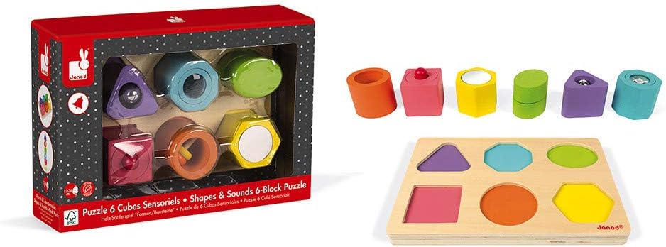 Janod I Wood - Rompecabezas de 6 bloques de formas y sonidos - Edades 12 meses + - J05332